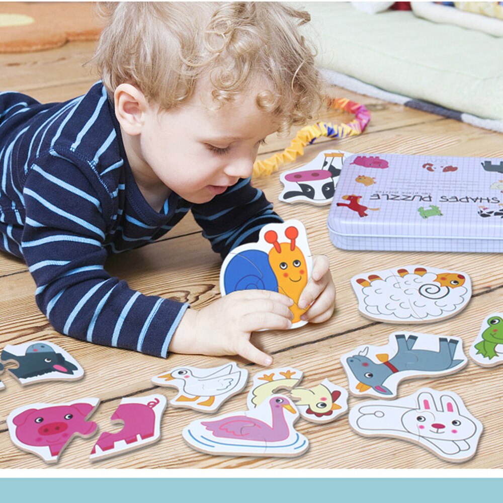 Big Size Vlok Baby Houten Puzzel Speelgoed Vroeg Onderwijs Cartoon Dier Fruit Cognitie Kaart Jigsaw Set Metalen Doos Voor Kinderen