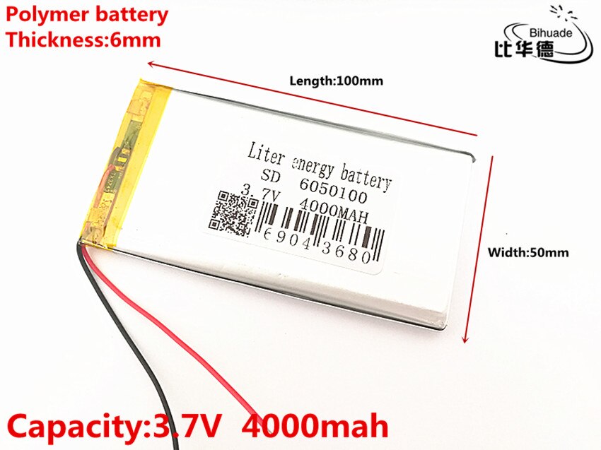 1pcs/lot 3.7V 4000mAh 6050100 Polymer Lithium LiPo Rechargeable Battery For GPS PSP DVD