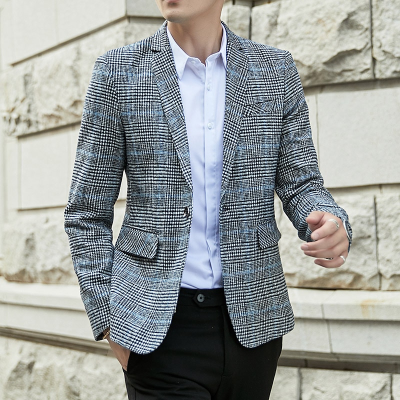 Rutete blazer herre dressjakke i britisk stil uformell brudekjole kåpe business streetwear sosial jakke este kostyme homme: Mørk grå / L
