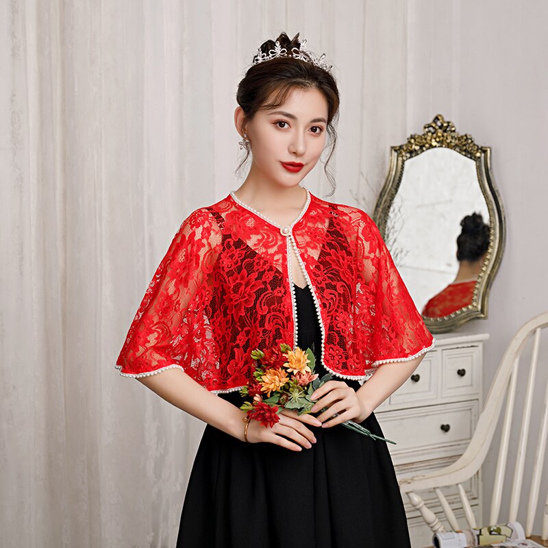 Women Lace Jacket Evening Wraps Bridal Wedding Party Bolero Pears Beaded With Brooch