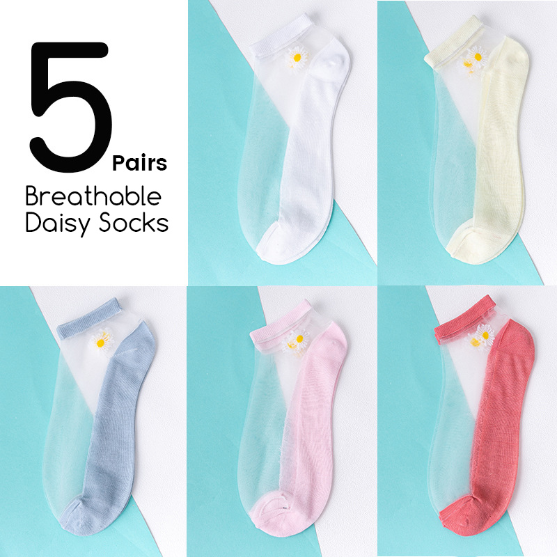 5Pairs/Lot Women Socks for summer Ultra-thin Transparent Cass Glass fiber Silk Socks daisy Flower Japan Ankle Socks: 376-daisy