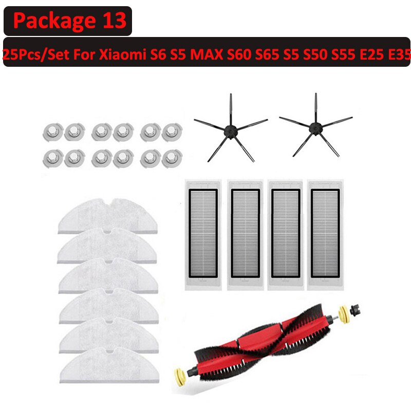 6 ~ 25 stk avtakbar rullesidebørstefiltersett til xiaomi roborock  s6 s60 s65 s5 max  t6 støvsuger feie tilbehør: Pakke 13