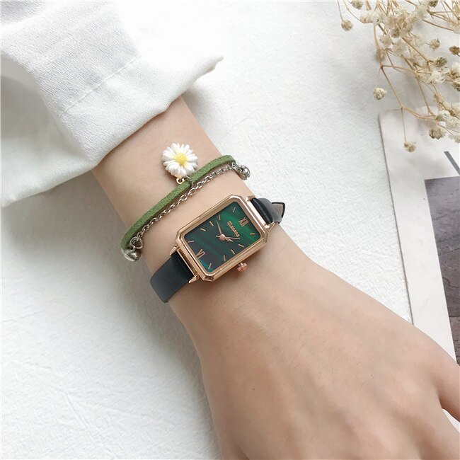 Rektangel kvinder ure ladeis kvarts armbåndsure ulzzang luksus mærke sort grøn kvinde ur læder ur: Sort