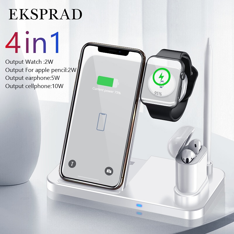 EKSPRAD 4 in 1 Drahtlose Ladegerät 10W Schnelle Ladung für iPhone 11/11Profi/X/XS/ XR/Xs Max für Apfel Uhr 5 4 3 2 Airpods Bleistift Pad