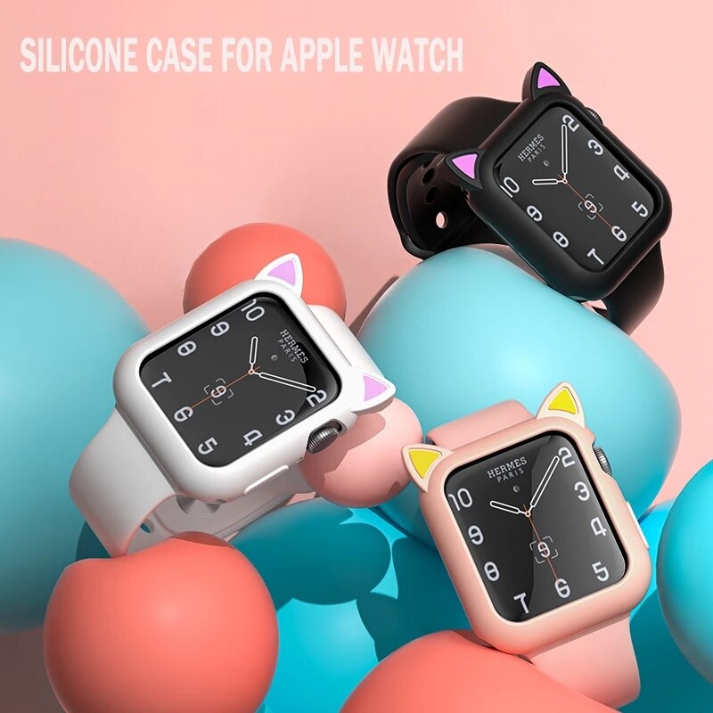 Watch Protection Cover For iWatch Series 3 2 42mm 38mm Soft Silicone Cartoon Cat Ears Case For Apple Watch 4 5 6 Se 40mm 44mm