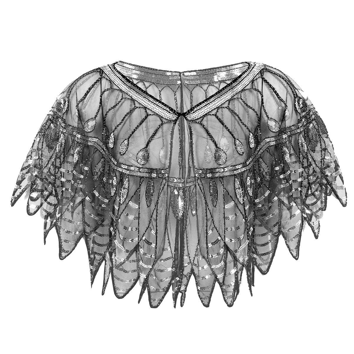 Kvinders mesh se igennem 1920s retro bolero pailletter beaded aften sjal wraps flapper til kvinde banket fest kjole kappe dække op: Sort sølv