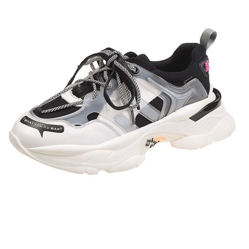 Höst kvinnor chunky sneakers plattform kvinnor bekväma snörning platta skor unisex träningsskor damskor: Svart / 12