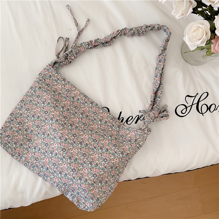 Small Floral Women Messenger Bags All-match Cotton Cloth Ladies Reusable Shopping Handbags Lovely Girls Korean Shoulder Bag: B