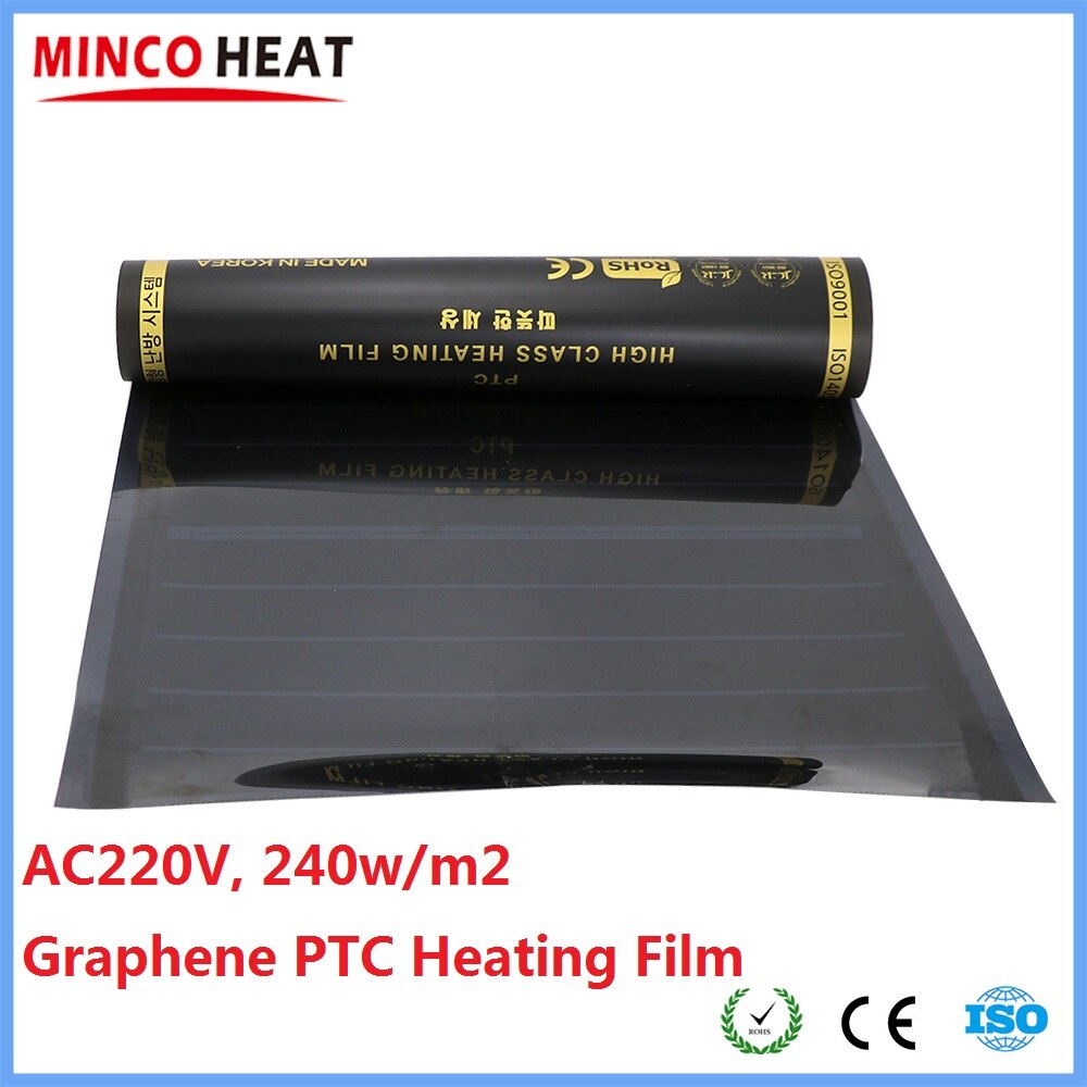MINCO Wärme 0,5 ~ 4 m2 AC220 V 240 W/m2 Infrarot-Graphen-PTC-Heizfolie, Anti-Überhitzung, elektrische warme Bodenmatte, hergestellt in Korea