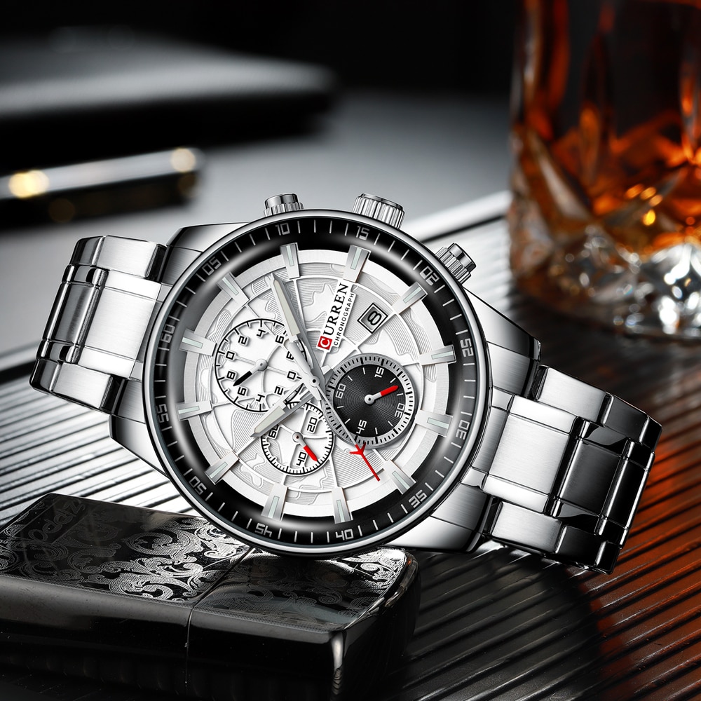 Curren Horloges Heren Mode Sport Horloge Met Chronograaf Lichtgevende Handen Klok Mannelijke Horloge Blauw Rvs Band
