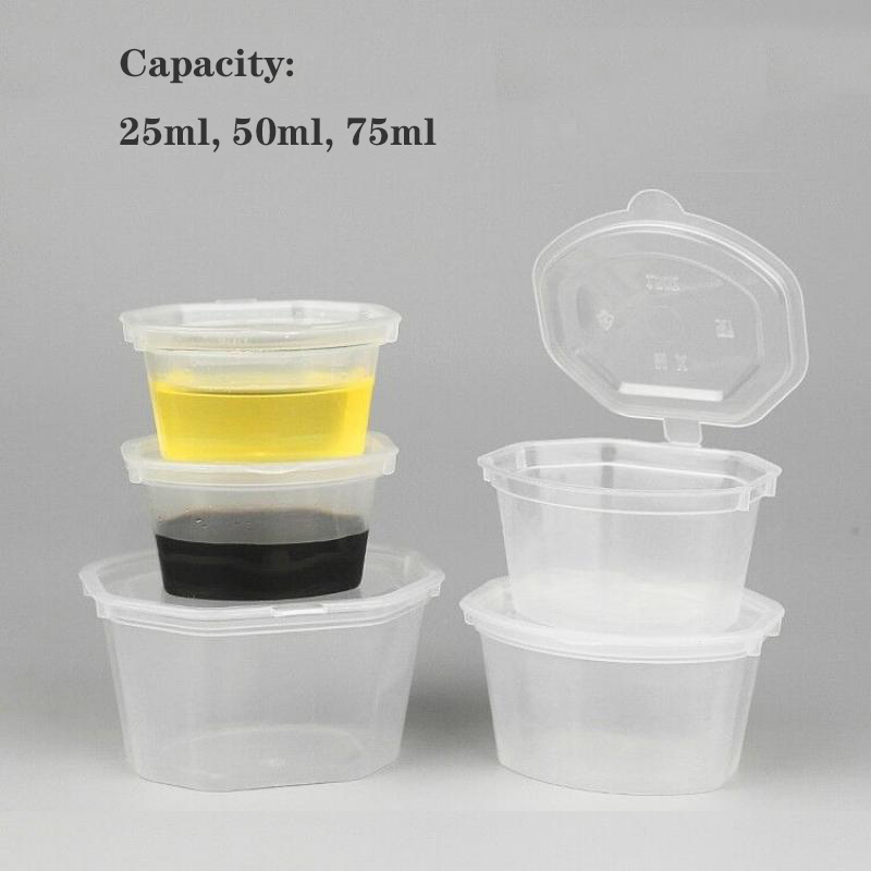 25 st 25ml/50ml/75ml engångs bärbara plastsåsmuggar för matförvaring genomskinliga lådor med lock genomskinlig liten matsås
