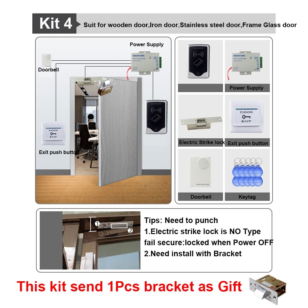 1000 Users Swipe Card Without Keyboard To Access RFID 125KHZ ID Card Reader Electronic Door Lock DC12V Control System Package: KIt 4