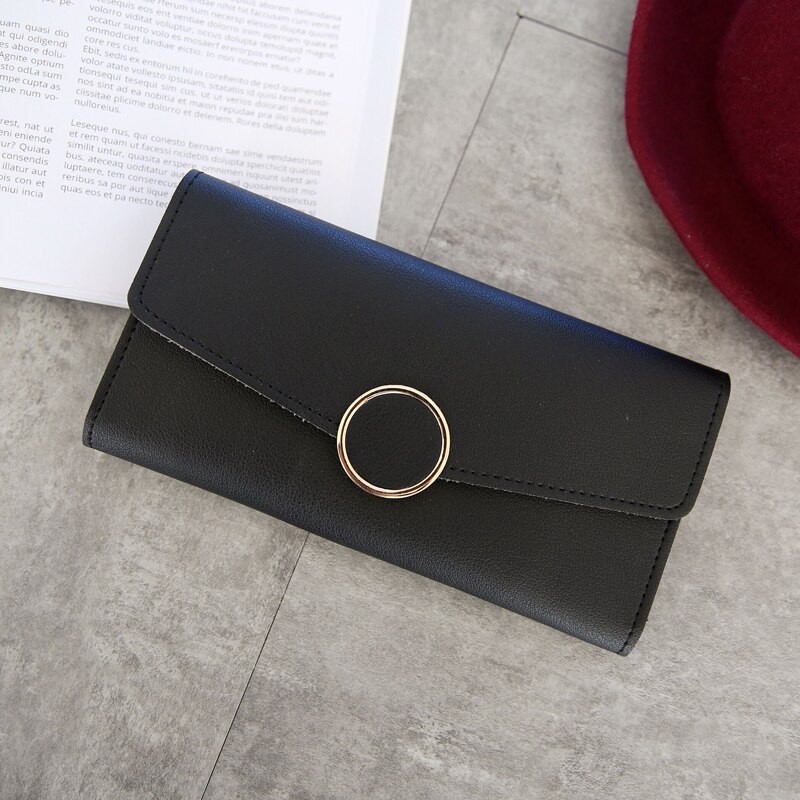 Wallet Leather Women Wallet Long Pu Leather Purse Zipper Metal Circle Decor Wallets Female Hasp Coin Purse Clutch Black: Long-Black