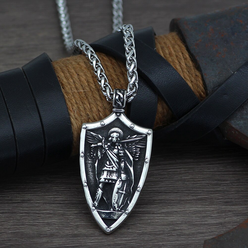 ST.MICHAEL ARCHANGEL CROSS SHIELD PRAYER MEDAL Amulet Stainless Steel NECKLACE