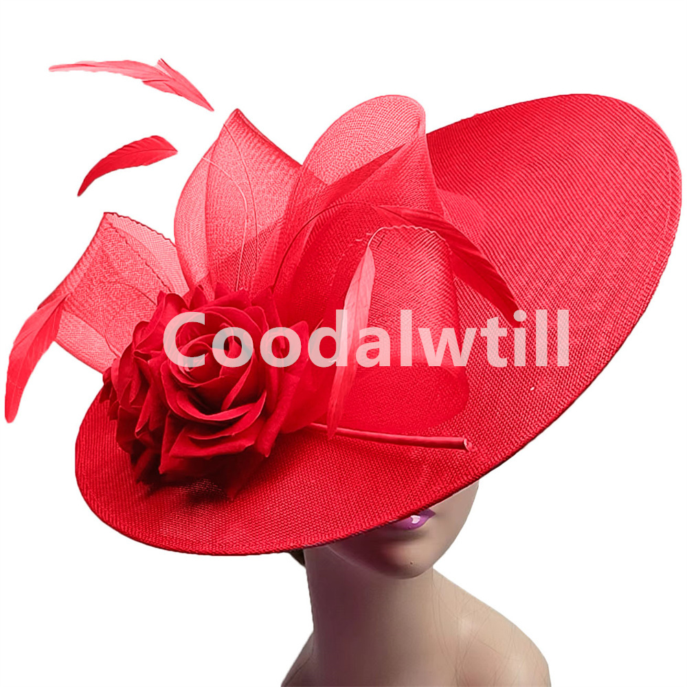 Grote Bloem Fascinators Hoed Hoofddeksel Vrouwen Kentucky Kerk Hoeden Dames Derby Veer Pillendoos Fascinator Hoeden: Rood