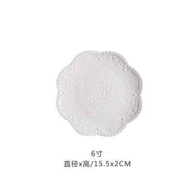 European Style Flat Plate-6&quot;8&quot;10&quot;Western Steak Plate -Embossed Round Shallow Plate Pure White Bone China Dessert Tray Home Acces: 6 inches-1pc-White