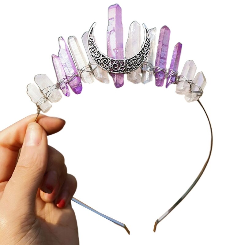 Handmade Faux Raw Crystal Headband Quartz Black Moon Bridal Alloy Tiara Crown Ladies Wedding Party Bridal Jewely Headdress: 11