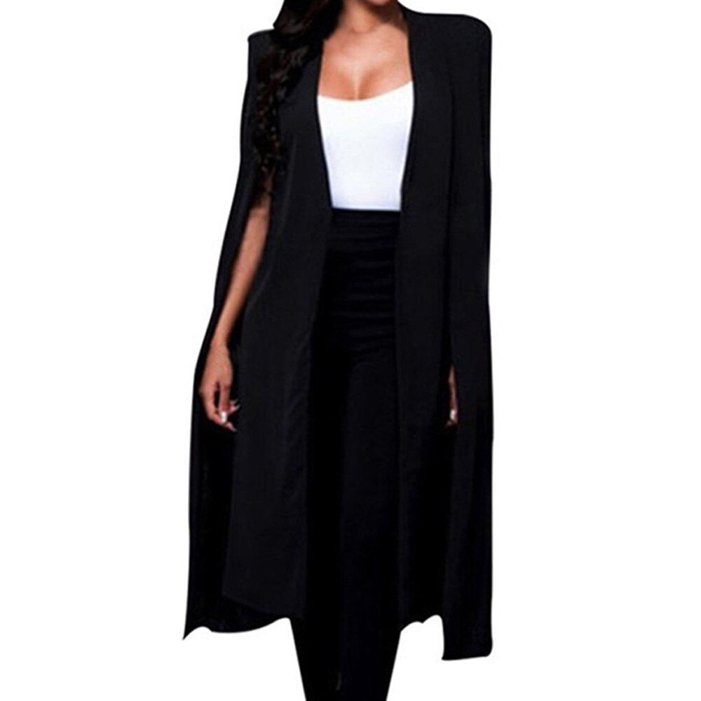 Dames Blazers et vestes solide ample longue Cape Blazer manteau Cape Cardigan veste Trench vêtements d'extérieur blazer longo feminino #13.99: Black / XL