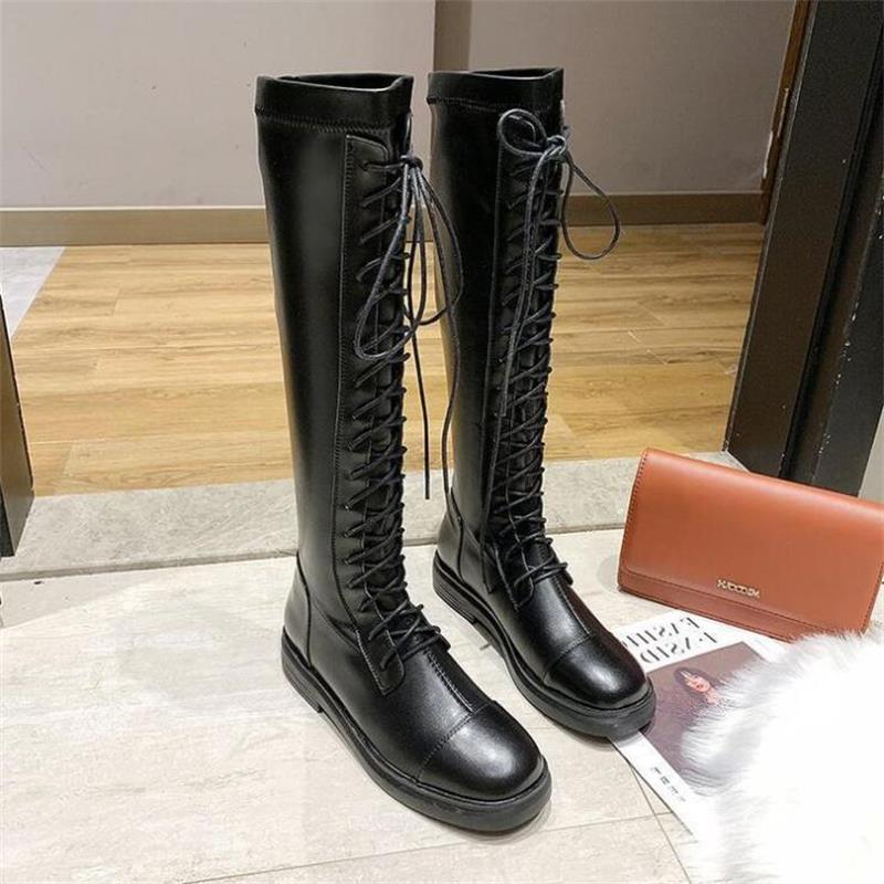 Botas altas de otoño e invierno con tiras delanteras juveniles, impermeables, transpirables, botas elásticas para mujer que aumentan la altura.