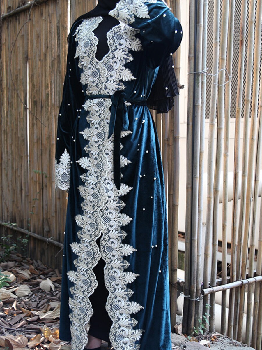 dernière Abaya dentelle en vrac couture perlé or velours Cardigan dubaï Robe islamique turquie moyen-orient: XXL