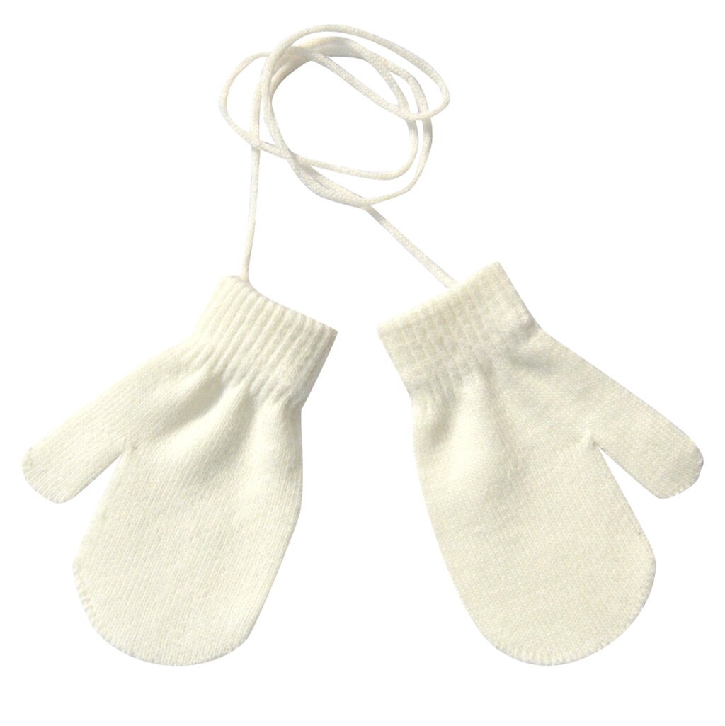 Kinderen Solid Dikke Gebreide 1-4Years Handschoenen Kinderen Winter Warm Solid Gebreide Leuke Met String 6 Kleuren Handschoenen Варежки Зимние: WHITE