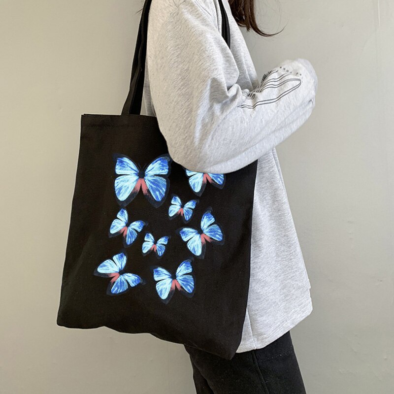 Canvas Umhängetasche - Cartoon Schmetterlingsdruck - Casual Tote - Große Kapazität - Vintage Chic - ZSIIBO