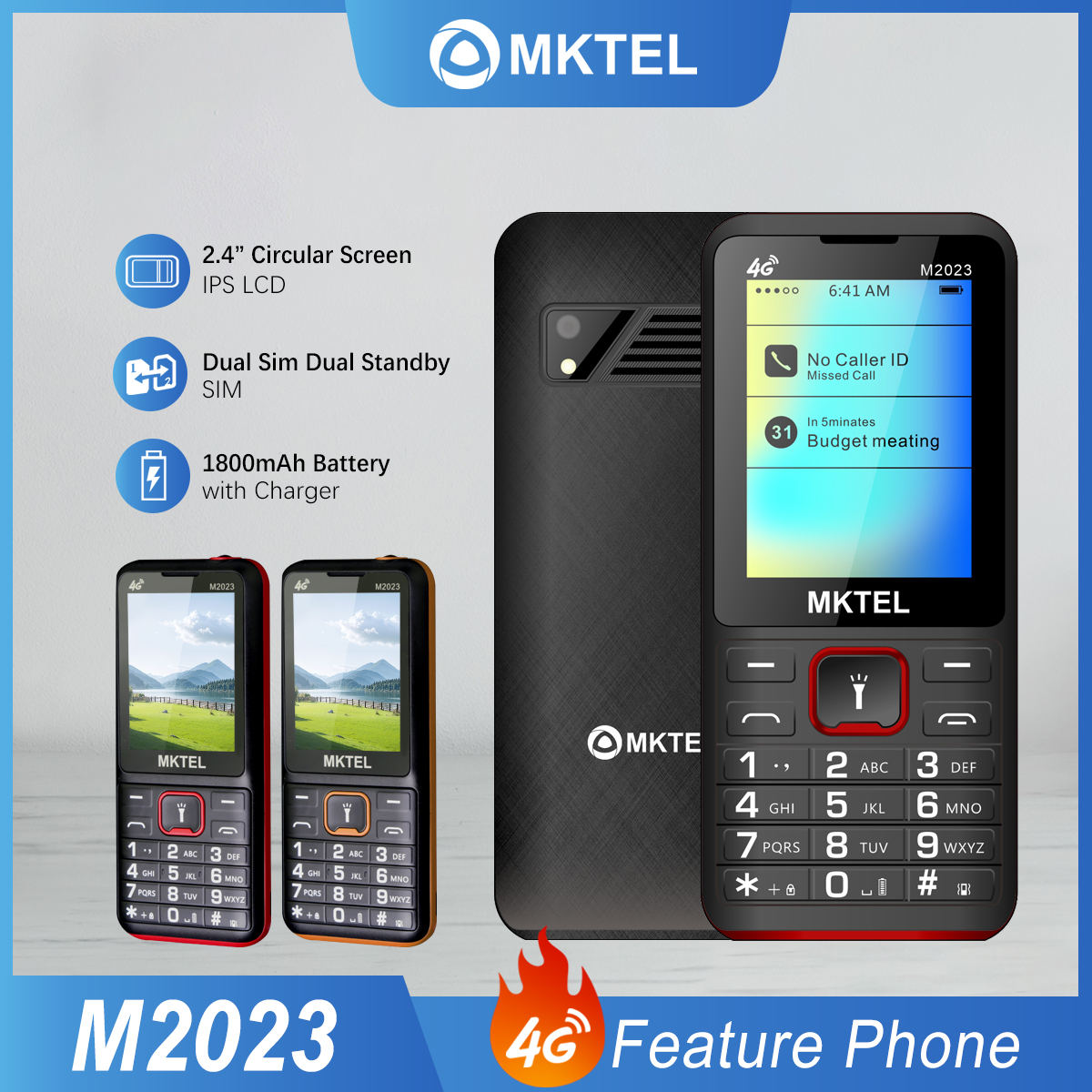 MKTEL M2023 4G Funktionstelefon 2,4-Zoll-Bildschirm Dual SIM Dual bereithalten 1800 mAh Akku 3 in 1 Lautsprecher MP3/MP4/FM Radio Puguang Lampe
