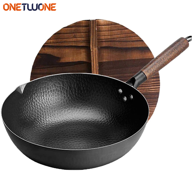 12.5 "Traditionele Ijzeren Wok Koolstofstalen Wokpan Met Antiaanbaklaag Keuken Cookwar Woks En Roerbakpannen Met Deksel Voor Alle Kachels