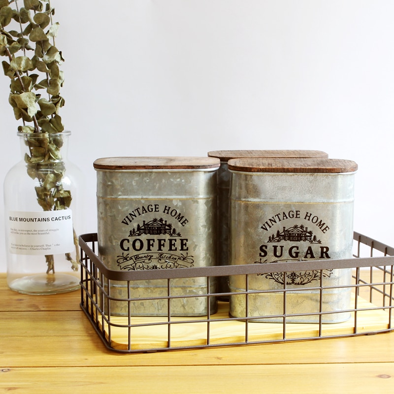 Retro nostalgisk järnlåda tretäcke te kaffe socker förvaringsburkar vintage godis diverse saker kan