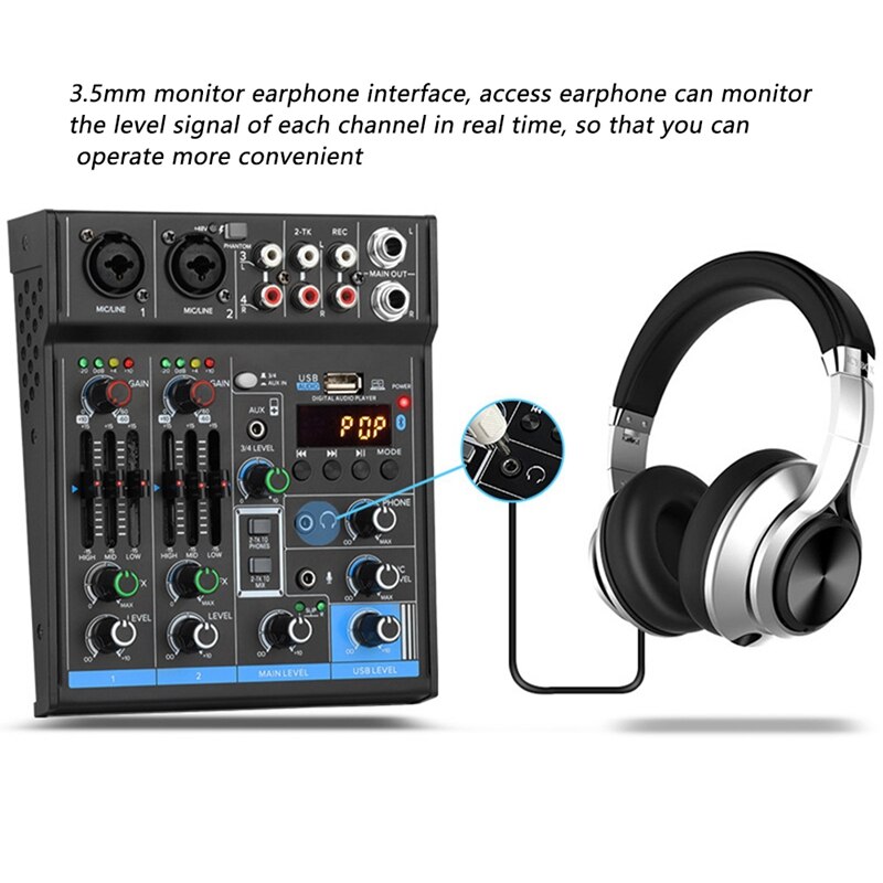 Sound Card Audio Mixer Sound Board Console Desk System Interface 4 Channel USB Bluetooth Stereo Mini Mixer (US Plug)