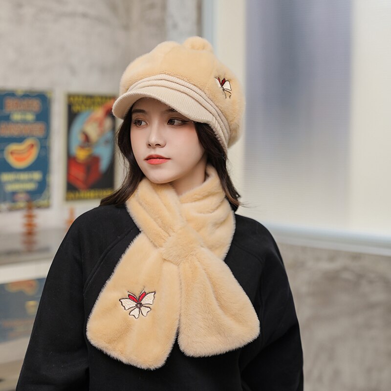 Chapeau octogonal en laine de pour adulte, couvre-chef femme papillon avec couvre-cou, deux pièces, neige, pour l&#39;extérieur, hiver 100%: Camel