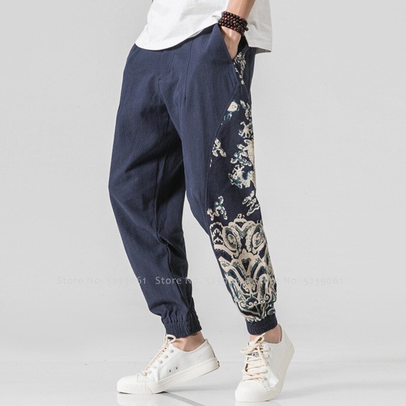 japonais Style Harajuku large jambe pantalon traditionnel chinois vêtements pour hommes Streetwear lâche coton lin bas pantalon: Blue / XXXL