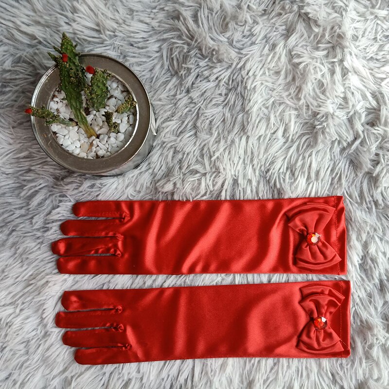 Guantes largos de baile de princesa para niños, vestido de novia de satén para niñas, accesorios de disfraz con lazo, de cumpleaños y Navidad: Rojo