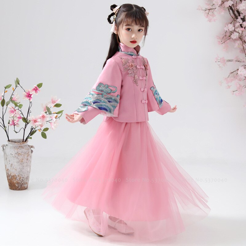 Cheongsam tradicional chino para niñas, traje Qipao Tang de manga larga, conjunto de vestimenta de Año , vestido de noche de princesa para niños