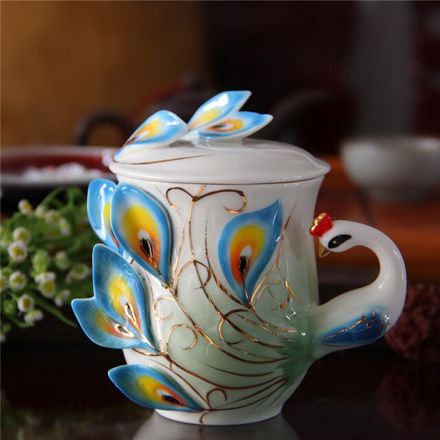 1 stk emalje porcelæn påfugl kaffekop keramiske kopper 3d farve kontor kaffe te sæt & te kop: B