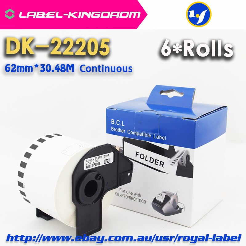 6 rouleaux compatibles DK-22205 étiquette 62mm * 30.48M continu Compatible frère imprimante QL-570 QL-700 tous viennent avec support en plastique