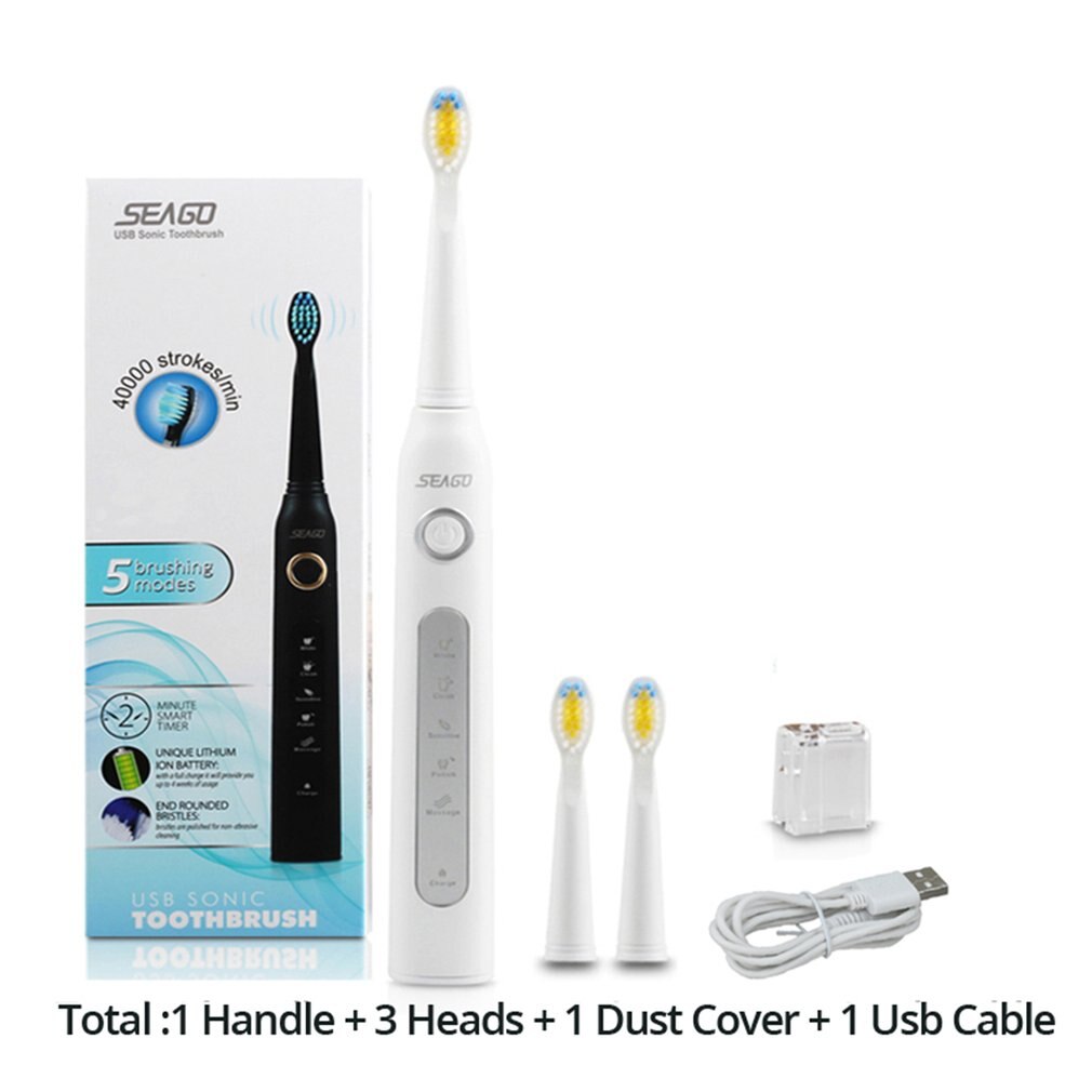 Seago SG-507 USB Rechargeable Electric Toothbrush Adult Waterproof Deep Clean Teeth Brush 2 Replacement Heads 5 Cleaning Modes: white