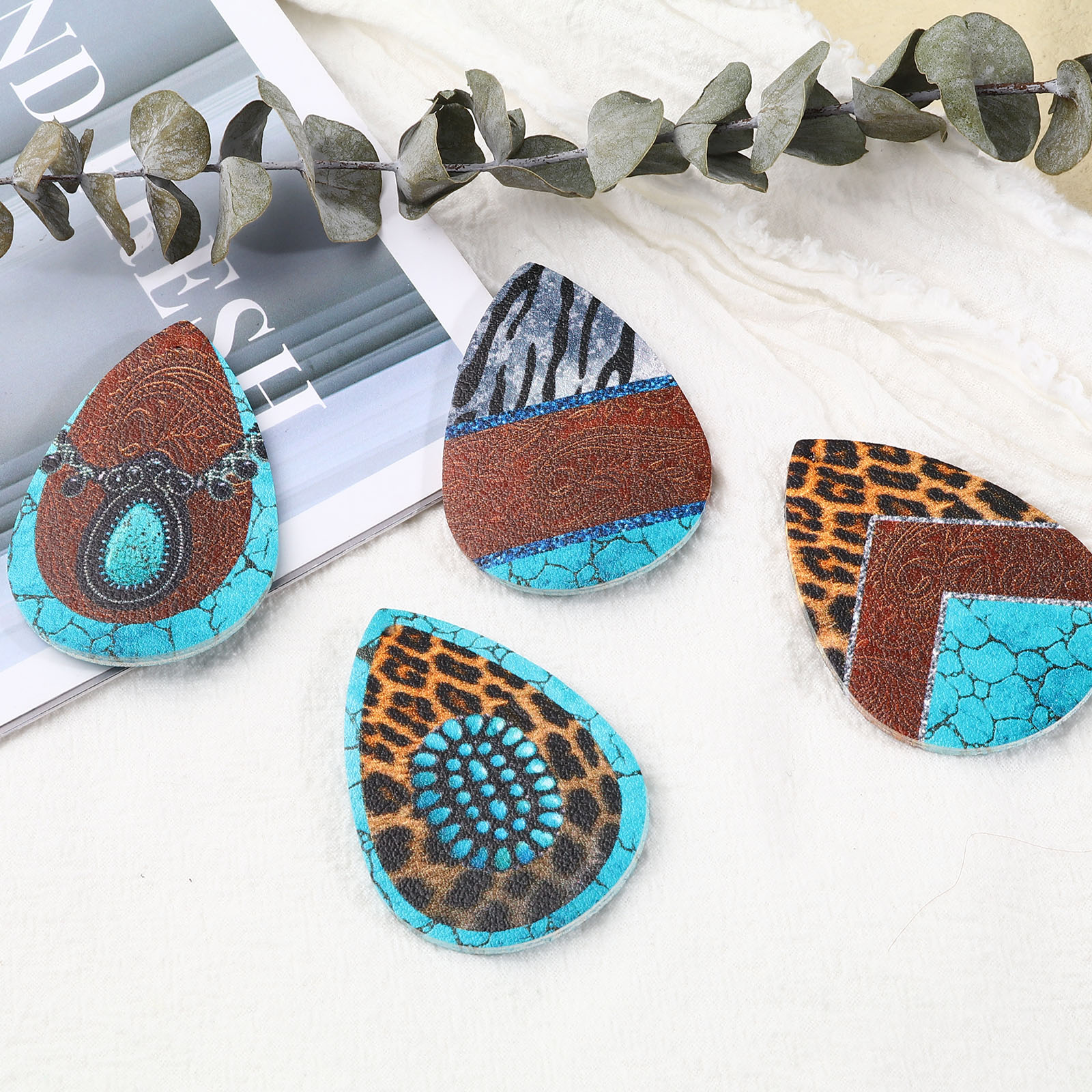 Bohemian pu leather pendant, multicolor with resin cabochon imitation, turquoise charms, diy necklace jewelry, , 5 pieces