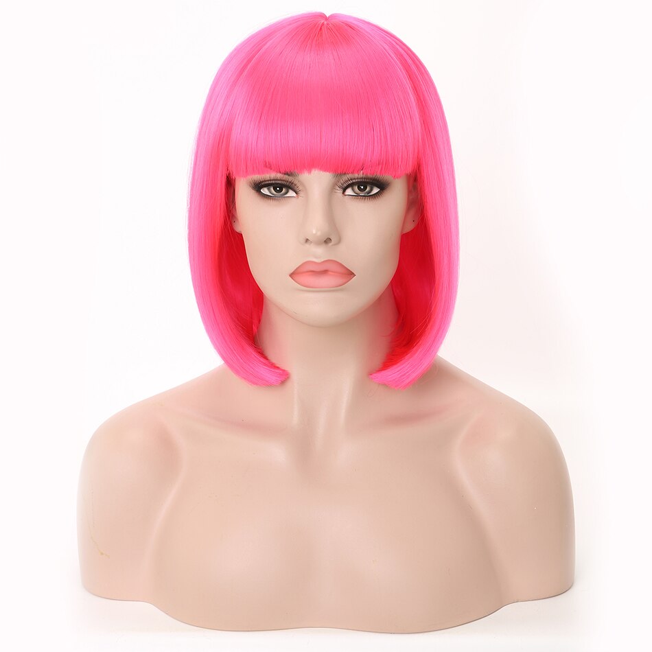 Rosa star 13 tommer korte lys lilla bob syntetiske rett hår parykker med pannelugg for kvinner fargerike cosplay hår parykker: Hot pink