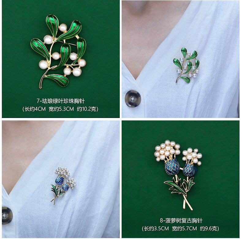 Huanzhi Retro Emaille Druipen Glazuur Parel Bel Orchidee Bloemen Groene Plant Broche Voor Vrouwen Kraag Accessoires Sieraden