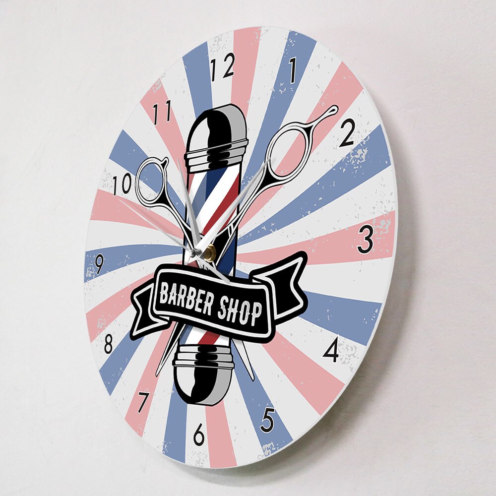 Barber Shop Pole Business Sign Metal Frame Wall Clock Hairdresser Pole Cutting Hair Store Advertisement Wall Art Hanging Watch