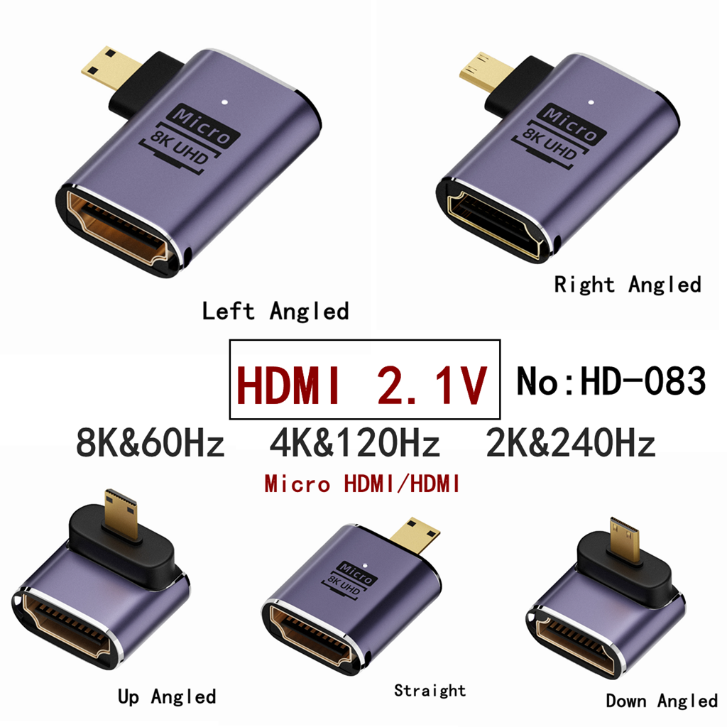 Adaptador UHD 8K 48Gbps HDMI 2,1 V en forma de U, ángulo recto de 90 270 grados, Mini Micro HD macho a conector hembra Compatible con HDMI