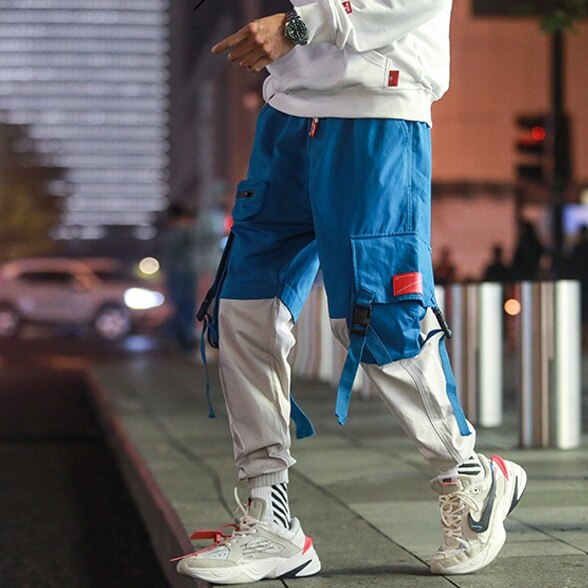 Hombres suelta ropa informal estilo Hip hop coreano pantalones Harem con bolsillo pantalones de tobillo de longitud de remiendo Casual Cargo pantalones de chándal: Azul / XXL
