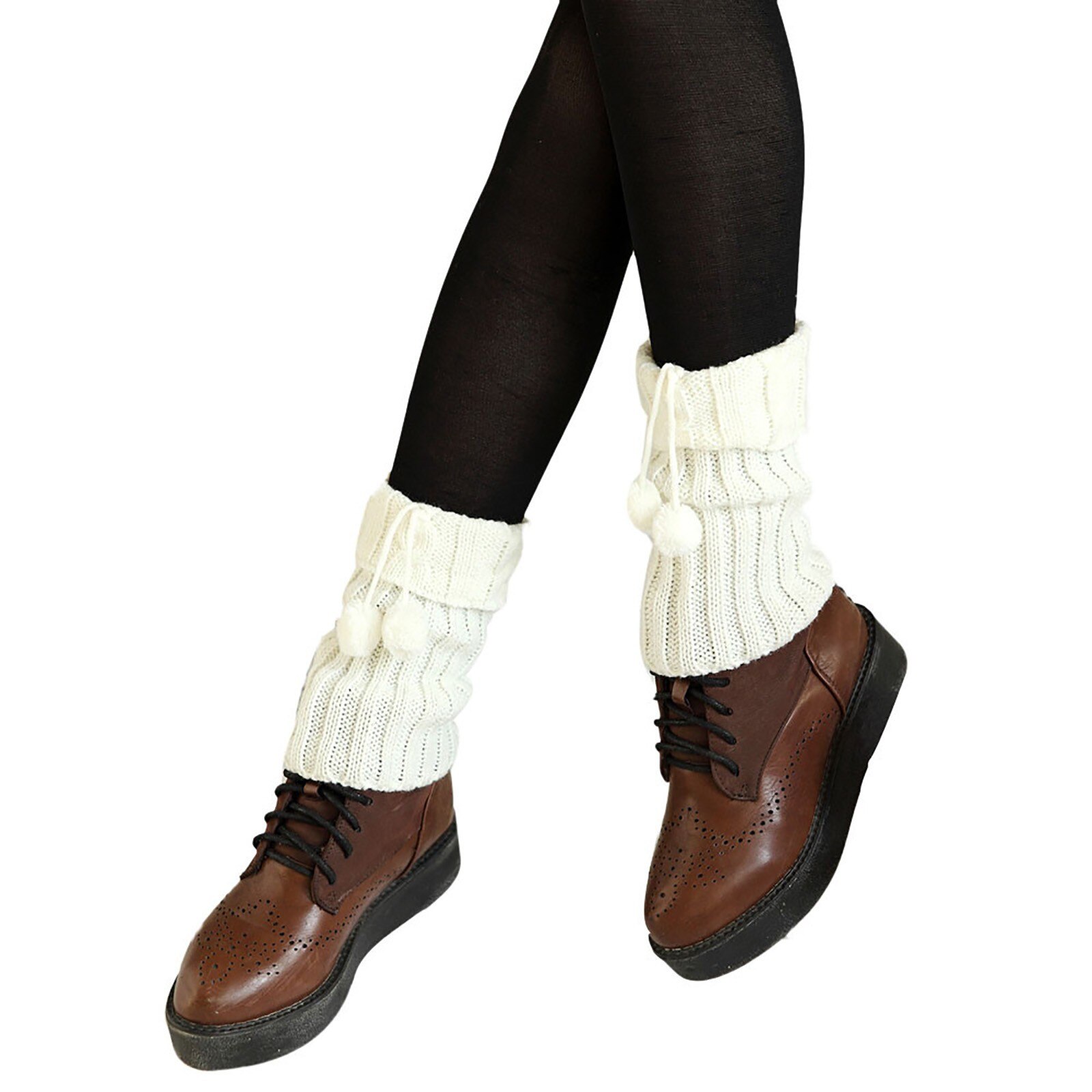 Calentador de piernas para mujer, 1 par, cálido, hasta la rodilla, punto giratorio, Bola de Pelo, ganchillo, calcetines, calentadores de bota: White
