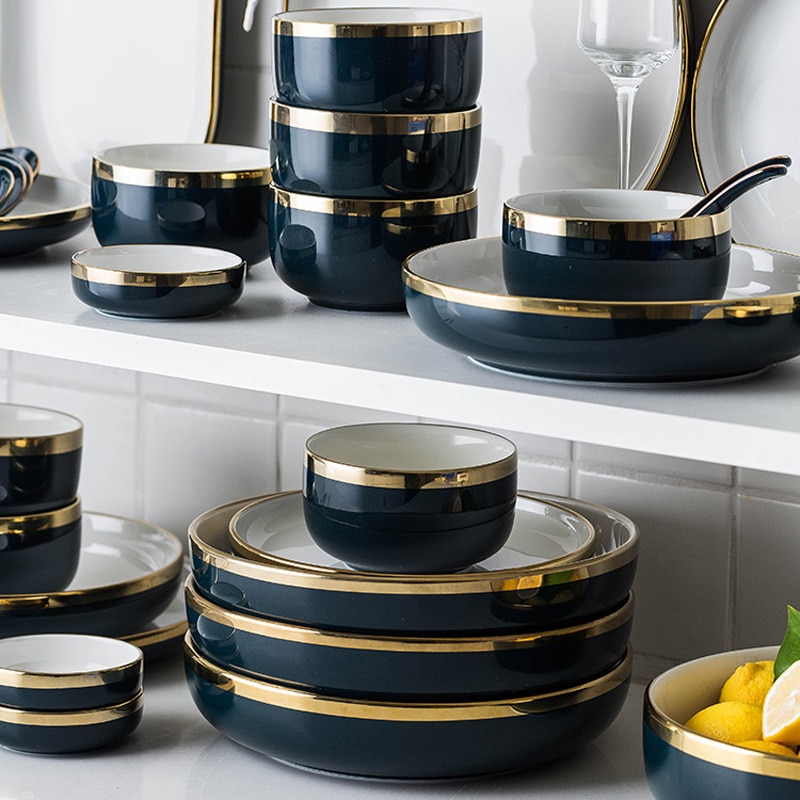 Plate Gold Inlay Round Dinner Plate Dish Tray Food Gold Edges Plate tableware Dinner dish