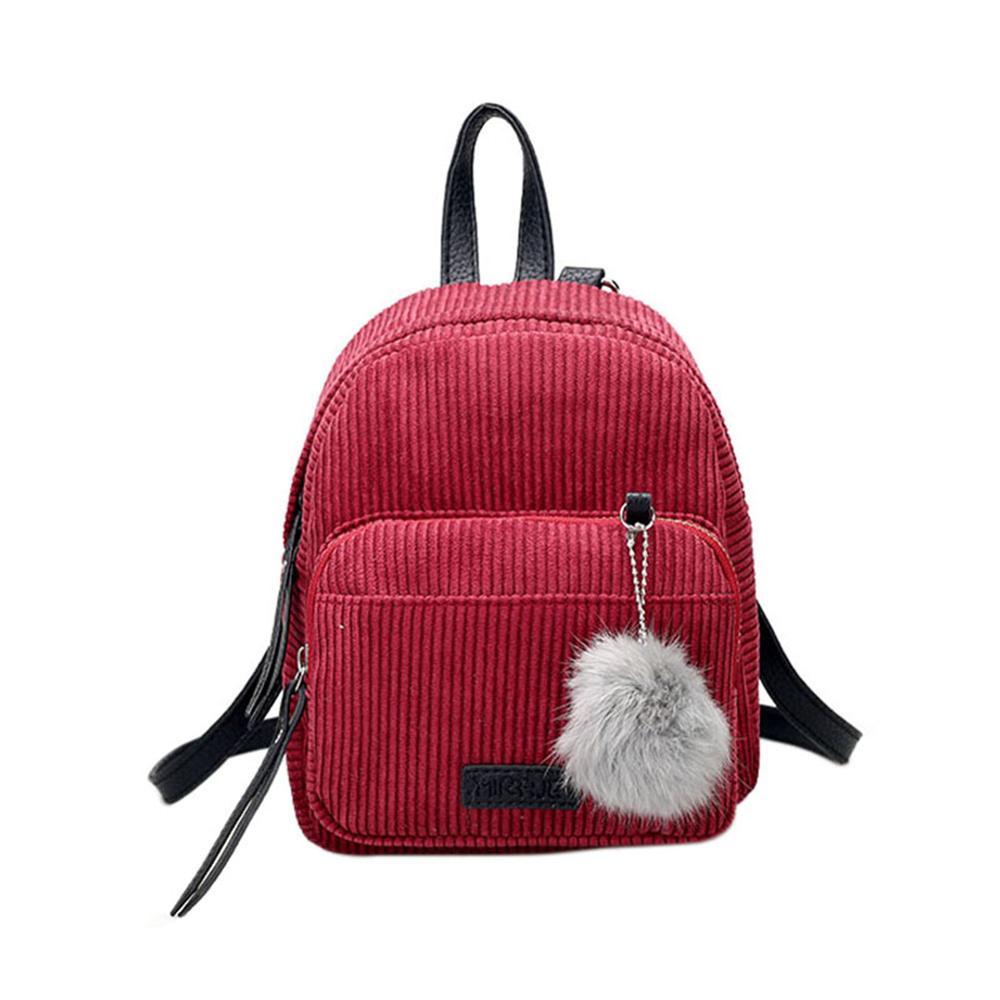 Pige mini rygsæk kvinder pompon bold ensfarvet corduroy lille rygsæk efterår vinter teenage rejse skoletaske mochila