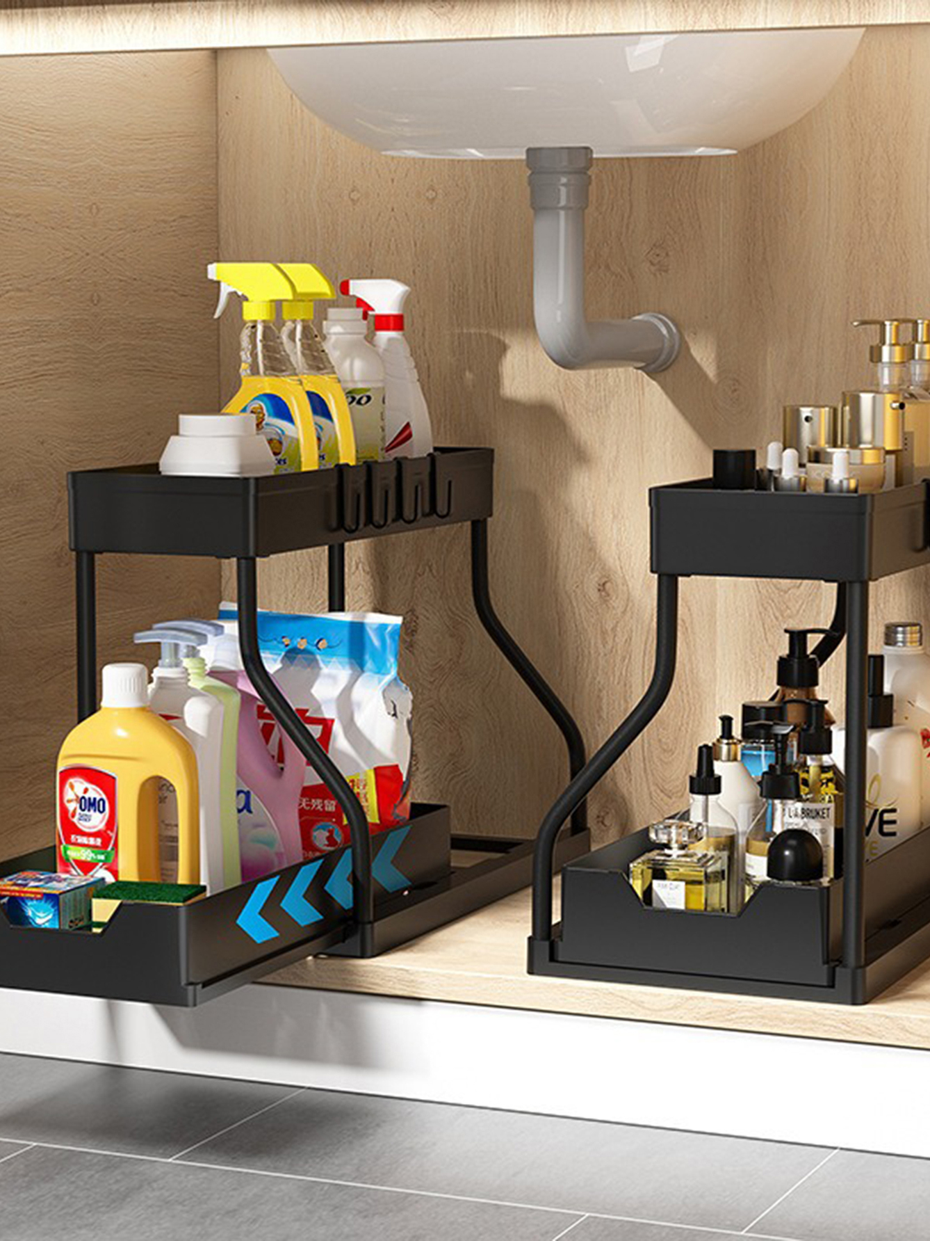 2 Tier Pull Out Organizer Under Sink for Kitchen Spices Bathroom Cosmetics Living Room Table Storage Cabinet: Chocolate