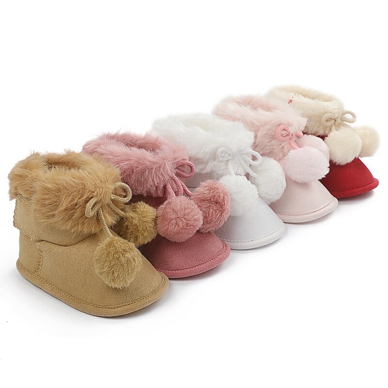 Novo outono botas de inverno do bebê meninos da menina do inverno sapatos quentes da moda sólida da criança bolas fuzzy primeiros caminhantes sapatos do miúdo 0-18m