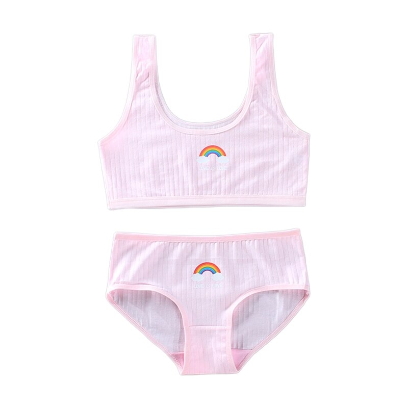 Teenage Young Girls 2Pcs Underwear Set Rainbow Bridge Print Cotton Training Bra Vest Top and Panties Sports Bralette: Pink