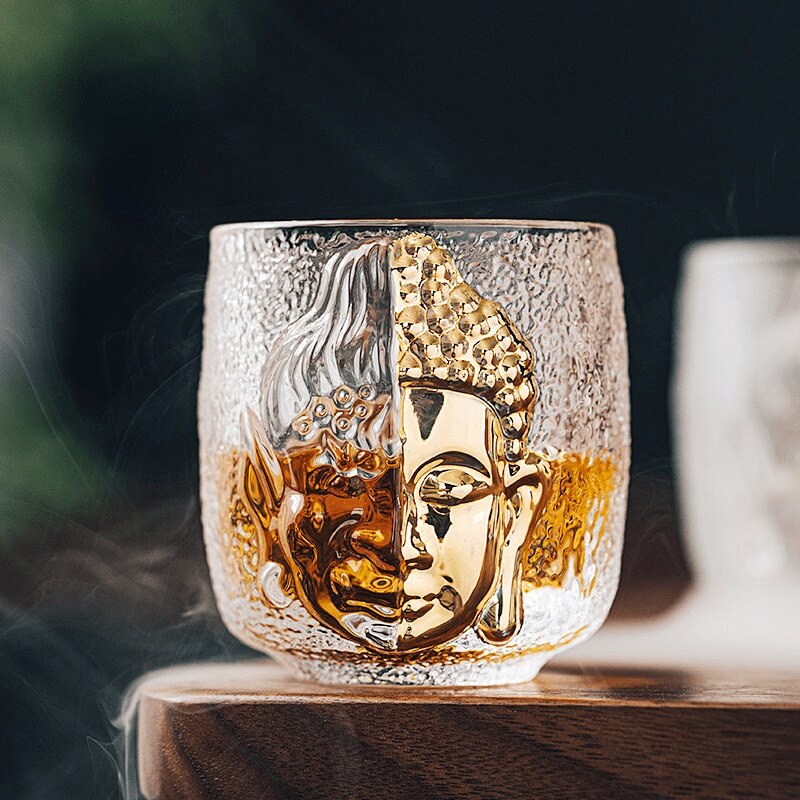 Vaso de cristal con relieve 3D de diablo o Buda Zen Budista, vaso de Sake con piedra Azure para la religión, copa de vino, licor, Vodka, Whisky, taza de té
